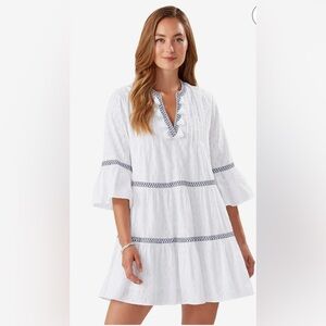 TOMMY BAHAMA Embroidered Tiered Cotton Cover-Up Dress in White Size Small